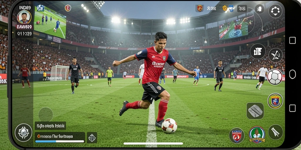 Screenshot utama IND89 menampilkan aksi sepak bola yang mendebarkan.