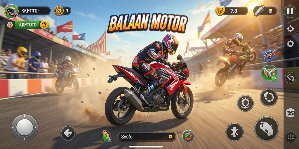 Tampilan gameplay KPKTOTO dengan balapan yang mendebarkan dan motor yang cepat.